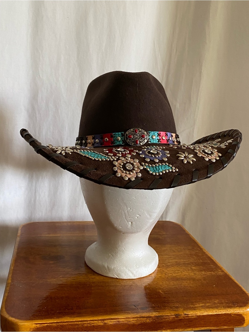 Size M Embellished Brown Western Hat with Multicolor Accents and Studs